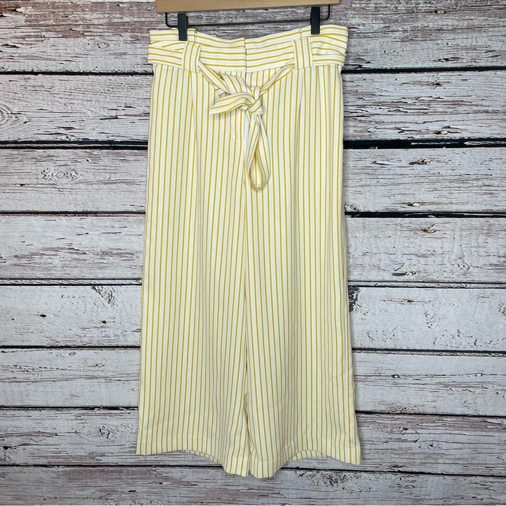 Express High Waisted Cropped Culottes Self Tie Sash Medium Striped Gold‎ White